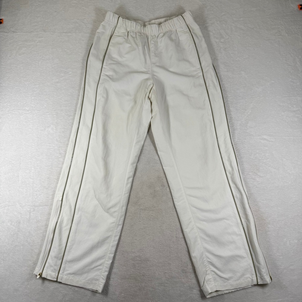 Golden by Aritzia White Nylon Track Pants Olive Piping Side Zip Womens XS 116655
